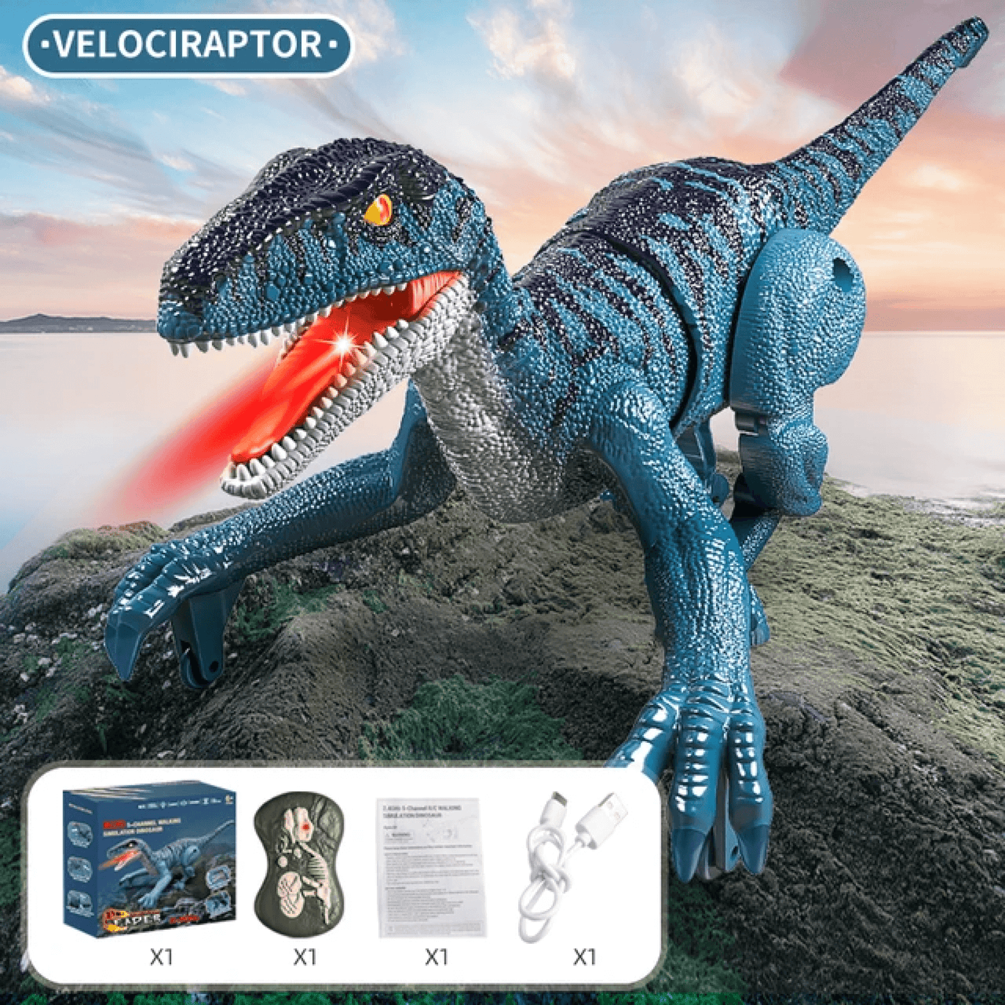 Jouet dinosaure télécommandé – Velociraptor T-Rex RC réaliste avec sons, lumières et mouvements
