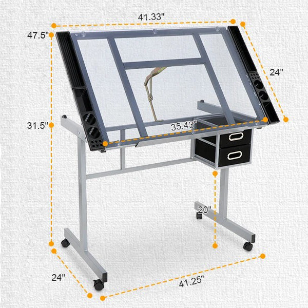 Adjustable Drafting Table on Wheels – Glass Tabletop Drawing Desk with Storage Drawer