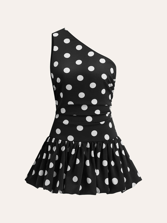 Vestido peplum de un solo hombro con lunares