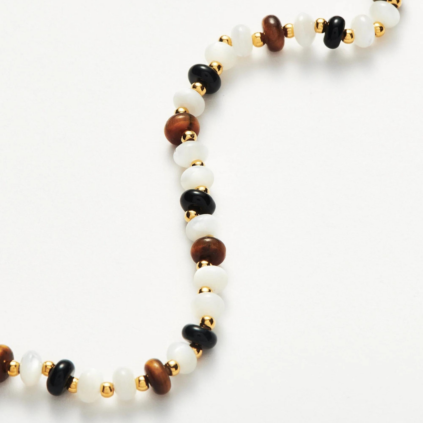 Natural White Mother-Of-Pearl Tiger'S Eye And Black Agate Beaded Bracelet,925 Silver,18k Yellow Gold Plated