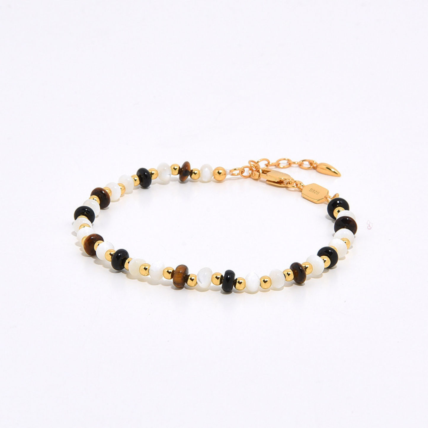 Natural White Mother-Of-Pearl Tiger'S Eye And Black Agate Beaded Bracelet,925 Silver,18k Yellow Gold Plated