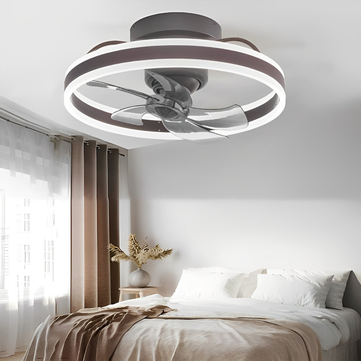 Runder stufenlos dimmbarer LED-Deckenventilator mit 360°-Drehung und modernem Licht