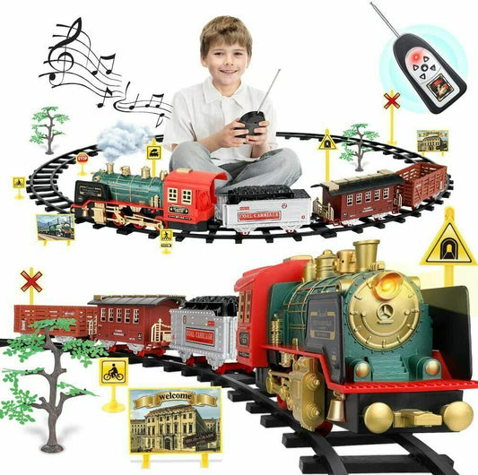 Juego de juguete de tren clásico vintage con control remoto, con humo real, luces y sonido