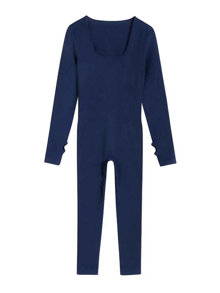 Mono de yoga para mujer Enterizo de una pieza para entrenamiento con manga larga acanalada Mono deportivo de cuello cuadrado Ropa deportiva para gimnasio