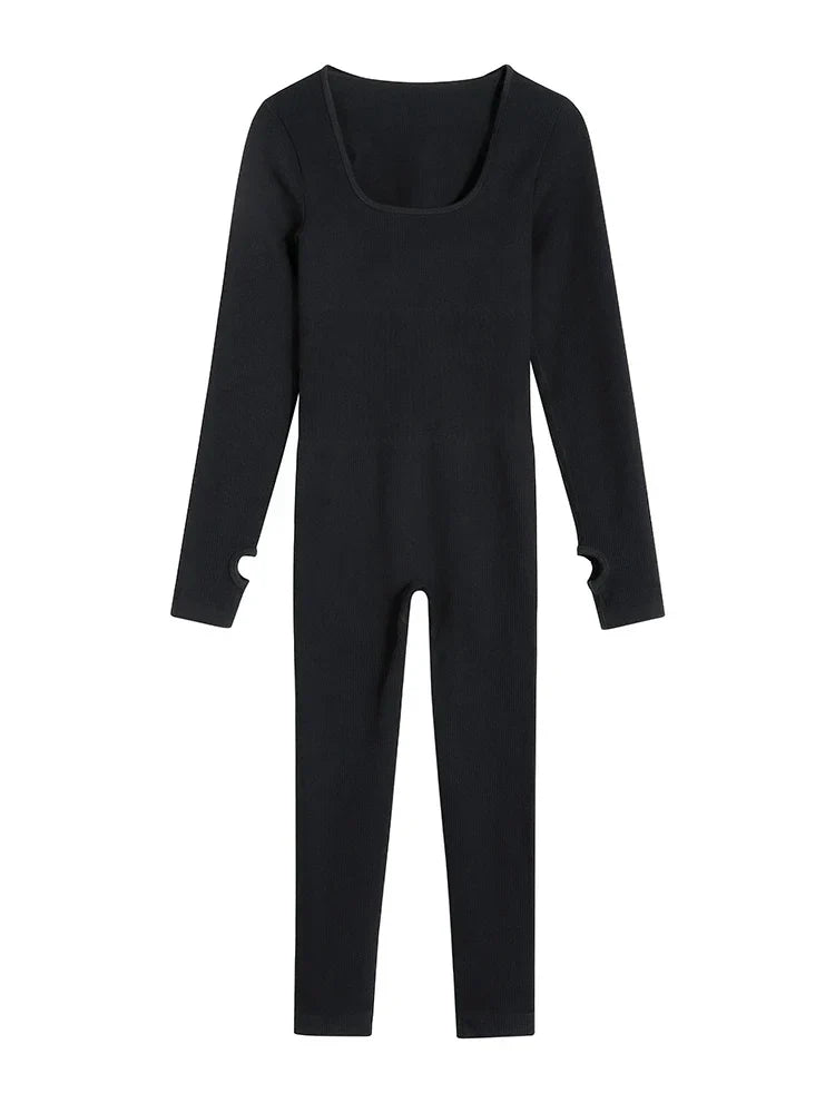 Mono de yoga para mujer Enterizo de una pieza para entrenamiento con manga larga acanalada Mono deportivo de cuello cuadrado Ropa deportiva para gimnasio