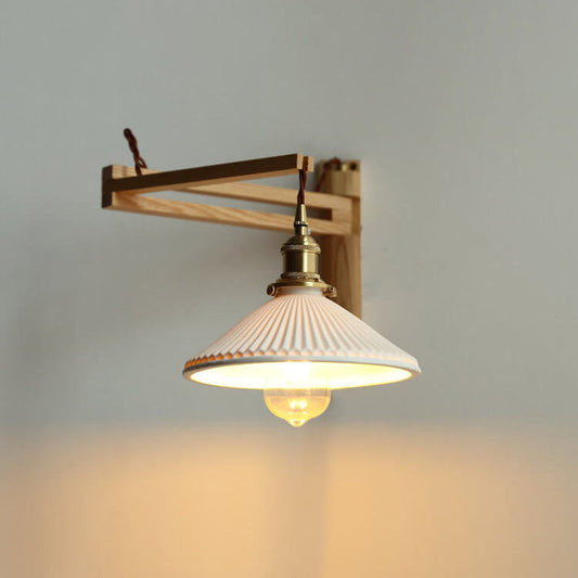 Lámpara de aplique de pared ligera retráctil de nogal con vidrio rayado blanco crema escandinavo