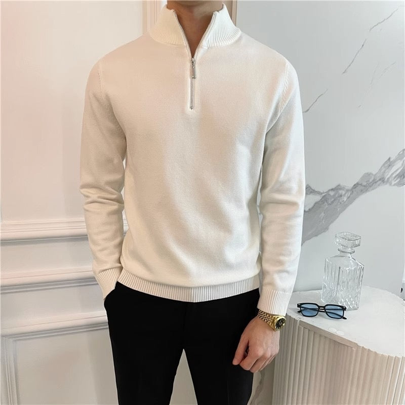 ANSEONG Men’s Fine Quarter Zip Sweater – 100% Cotton with High Neck Collar
