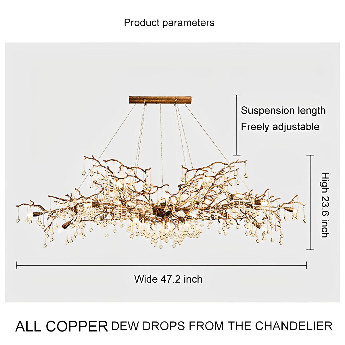 Lustre cascade en forme de goutte d'eau avec branche d'arbre en or moderne de luxe
