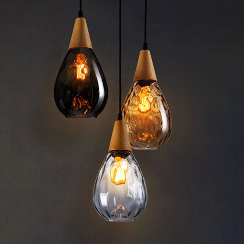 Lámpara colgante vintage en forma de lágrima, vidrio/madera
