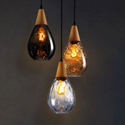 Lámpara colgante vintage en forma de lágrima, vidrio/madera