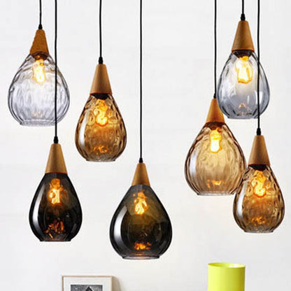 Lámpara colgante vintage en forma de lágrima, vidrio/madera