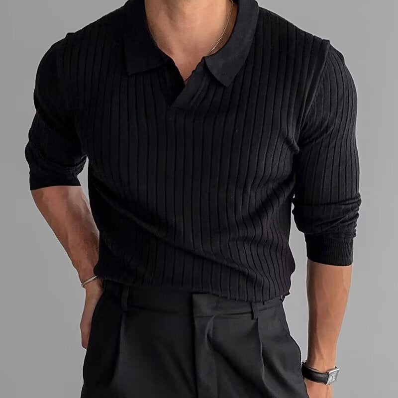 SUWON V-Neck Polo – Men’s Long Sleeve Tailored Fit Polo Shirt in Cotton-Viscose Blend