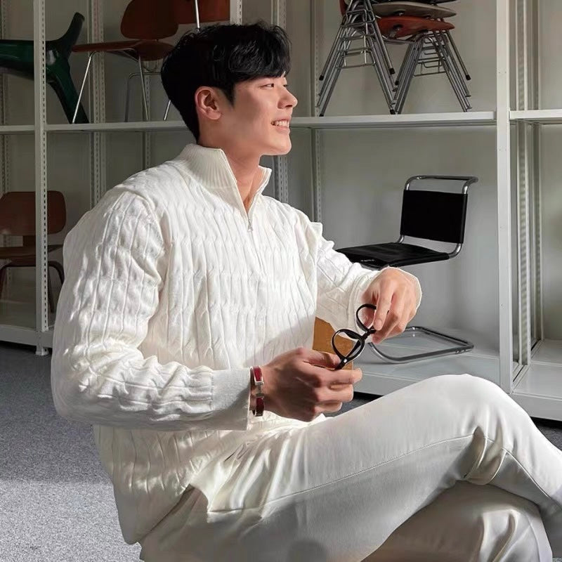 GWANGJU kabelgebreide trui met halve rits – heren 100% katoenen coltrui