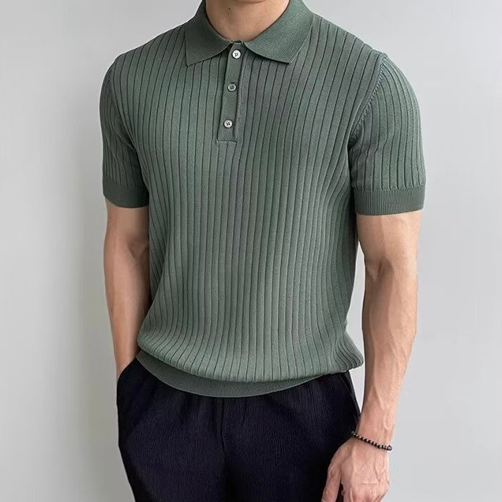 GIMCHEON Knitted Polo Shirt – Men’s 100% Cotton Ribbed Short Sleeve Polo with Button Closure