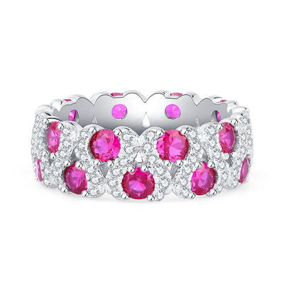 Clytia Love Wedding Band,925 Silver,Inlaid With Imitation Diamonds And Imitation Rubies