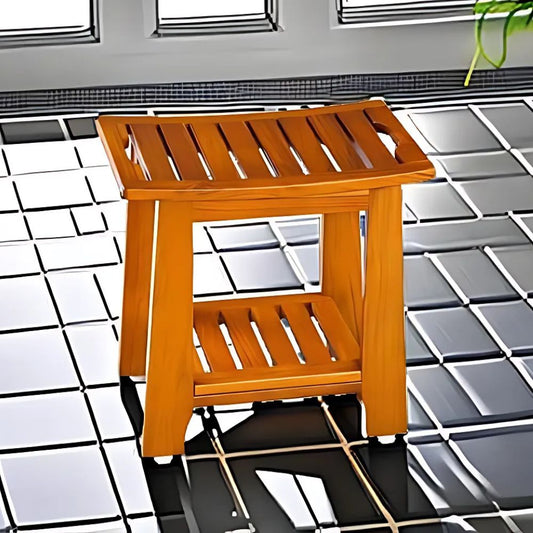 Solid teakträ duschbänk med förvaringshylla