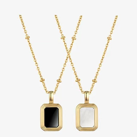 Square Reversible Pendant Necklace, 925 Silver, 18k Gold Plated，Black Onyx And White Mother-Of-Pearl