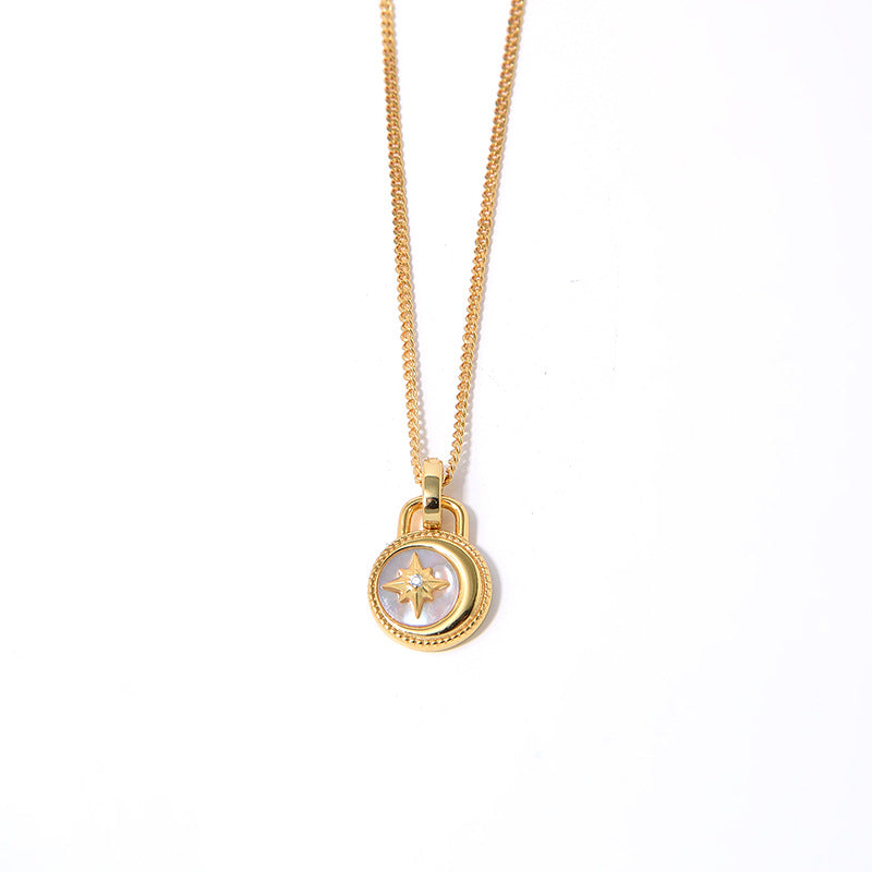 Clytia Love Moon And Stars Necklace，925 Silver, 18k Gold Plated，White Mother-Of-Pearl