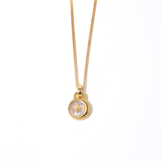 Clytia Love Moon And Stars Necklace，925 Silver, 18k Gold Plated，White Mother-Of-Pearl