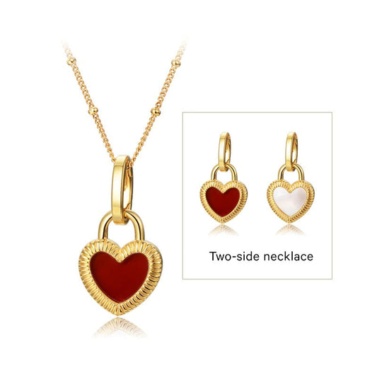 Heart Reversible Pendant Necklace, 925 Silver, 18k Gold Plated，Red Onyx And White Mother-Of-Pearl