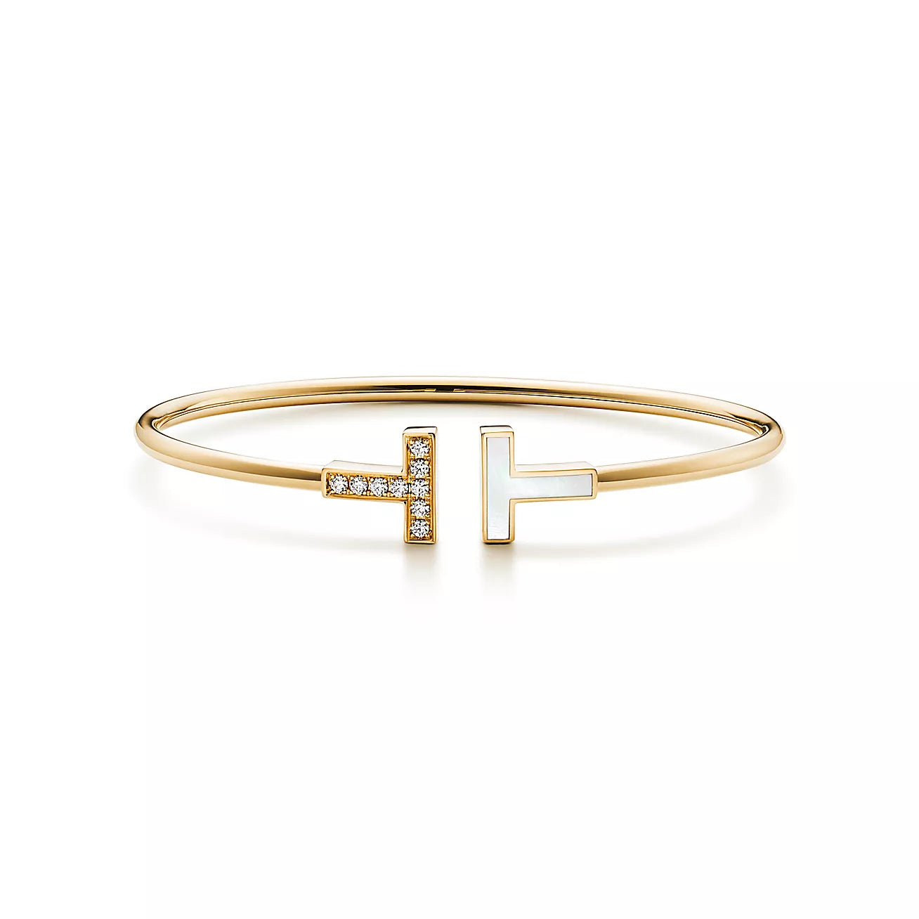 T Bangle,18k Yellow Gold Plated,Mother of Pearl,Inlaid cubic zircon