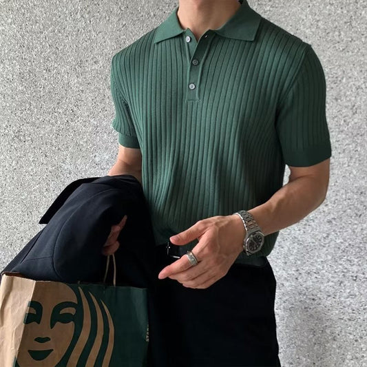 GIMCHEON Knitted Polo Shirt – Men’s 100% Cotton Ribbed Short Sleeve Polo with Button Closure