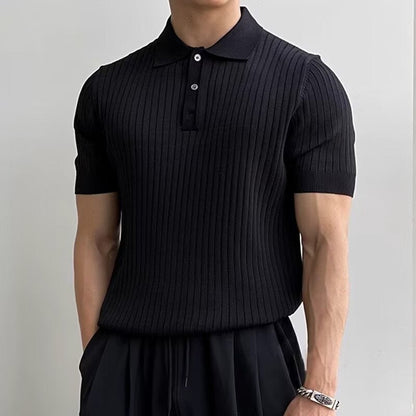 GIMCHEON Knitted Polo Shirt – Men’s 100% Cotton Ribbed Short Sleeve Polo with Button Closure