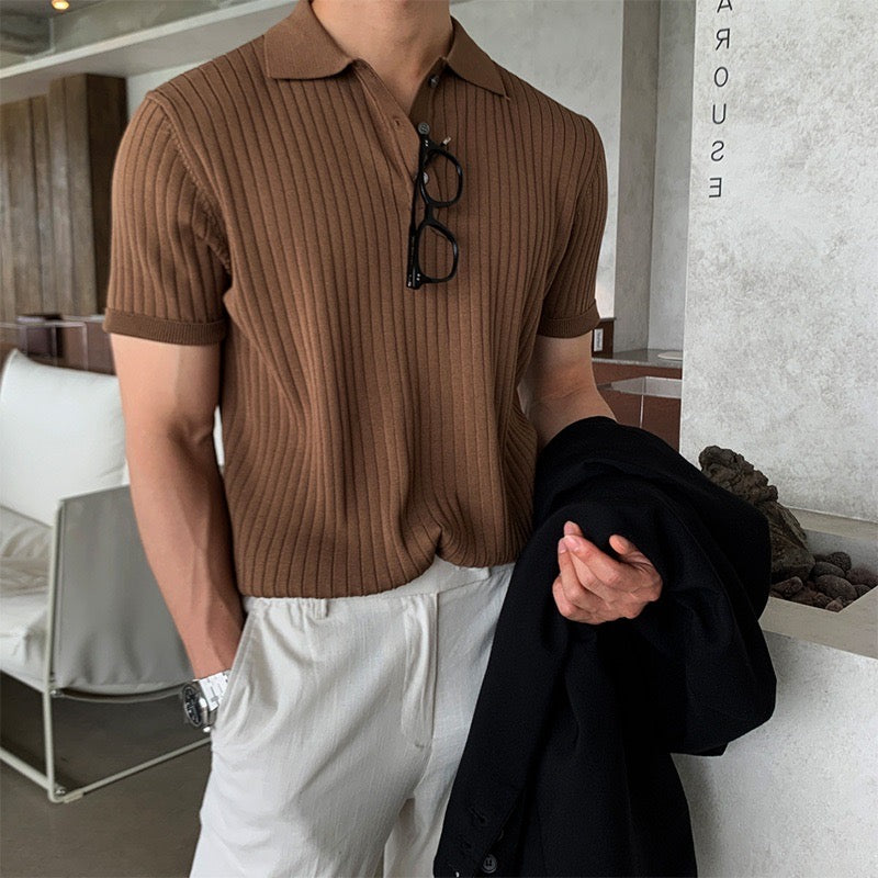 GIMCHEON Knitted Polo Shirt – Men’s 100% Cotton Ribbed Short Sleeve Polo with Button Closure
