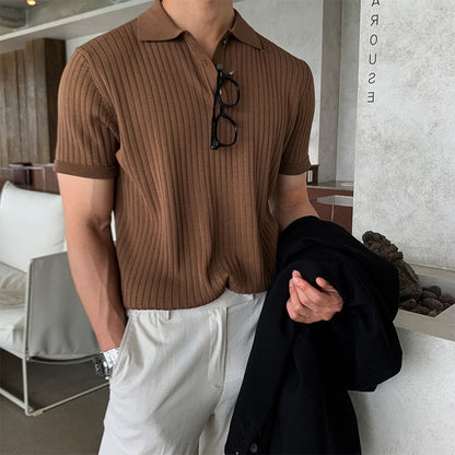 GIMCHEON Knitted Polo Shirt – Men’s 100% Cotton Ribbed Short Sleeve Polo with Button Closure