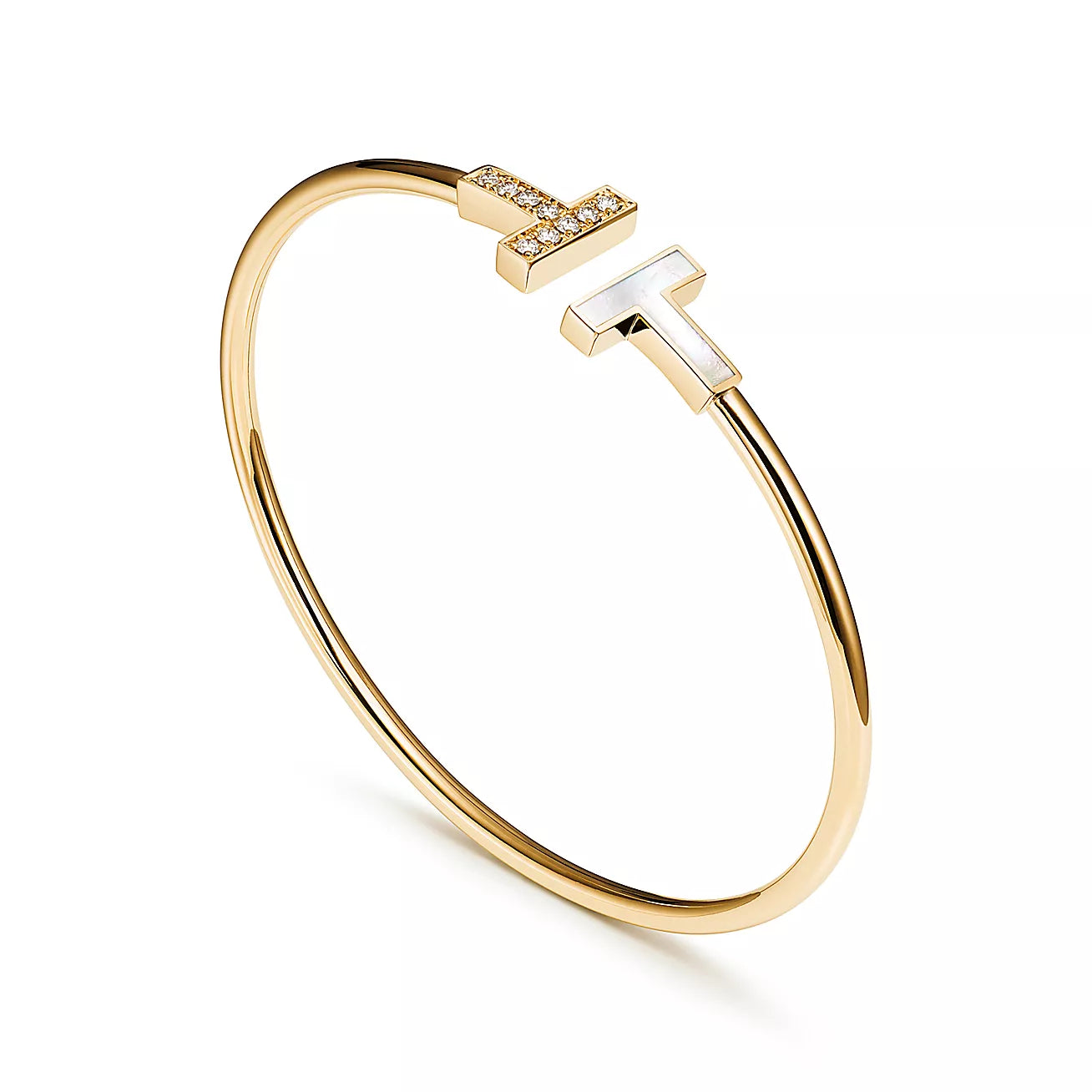 T Bangle,18k Yellow Gold Plated,Mother of Pearl,Inlaid cubic zircon