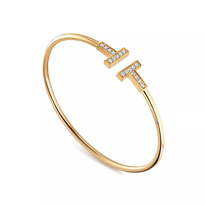 T Bangle,18k Yellow Gold Plated,Inlaid cubic zircon