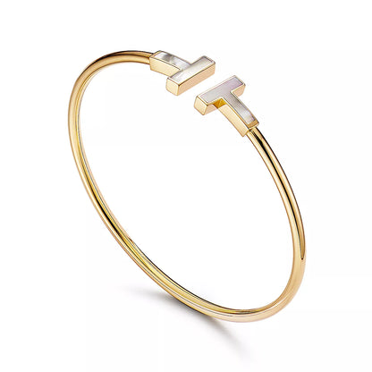 T Bangle,18k Yellow Gold Plated,Mother of Pearl