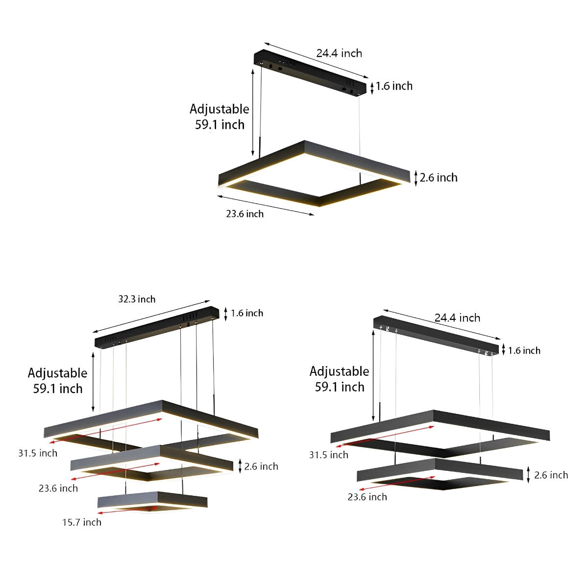 Square Stepless Dimming LED Black Modern Chandelier with Remote Control