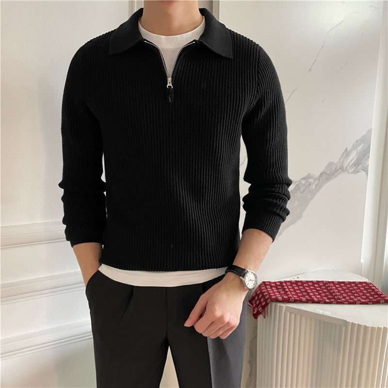 GONGJU Gebreide Trui met Rits – Heren 100% Katoen Gebreide Half-Rits Pullover met Geribbelde Textuur