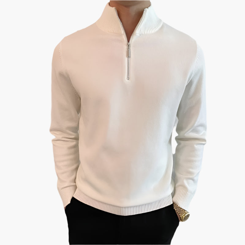 ANSEONG Men’s Fine Quarter Zip Sweater – 100% Cotton with High Neck Collar