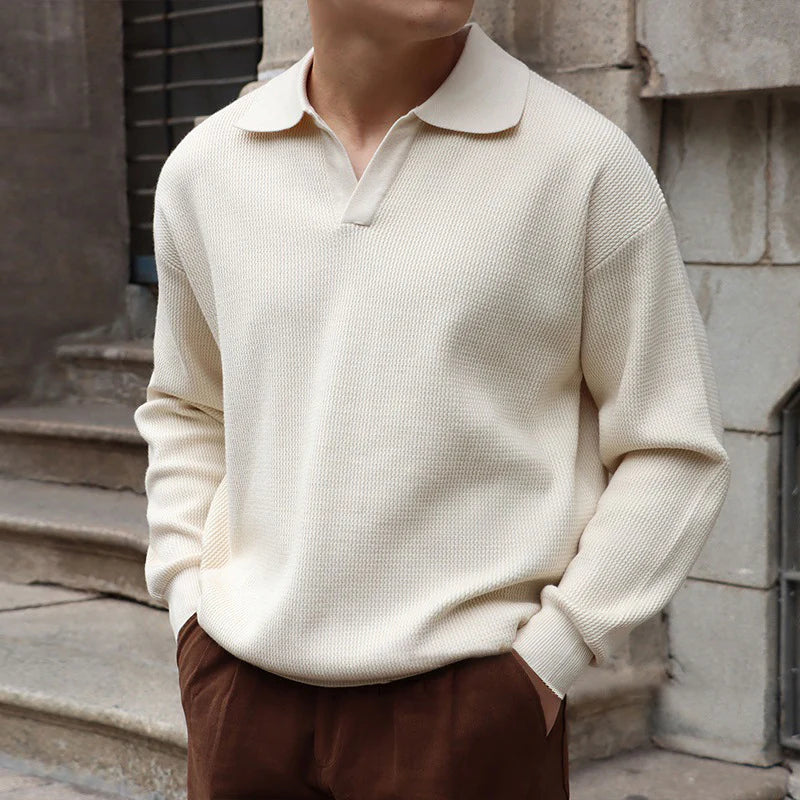 BUSAN Old Money V-Neck Polo – Men’s 100% Cotton Buttonless Long Sleeve Polo Shirt