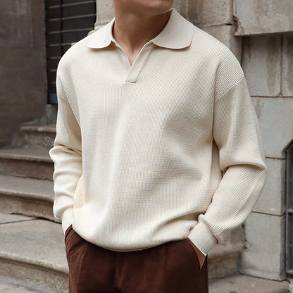 BUSAN Old Money V-Neck Polo – Men’s 100% Cotton Buttonless Long Sleeve Polo Shirt