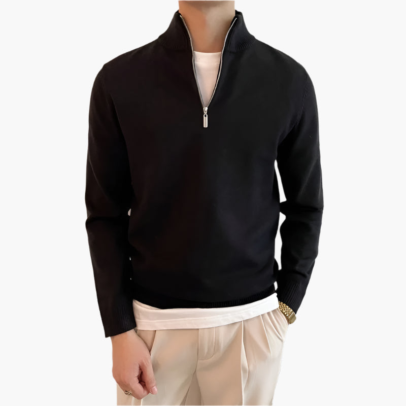 ANSEONG Men’s Fine Quarter Zip Sweater – 100% Cotton with High Neck Collar