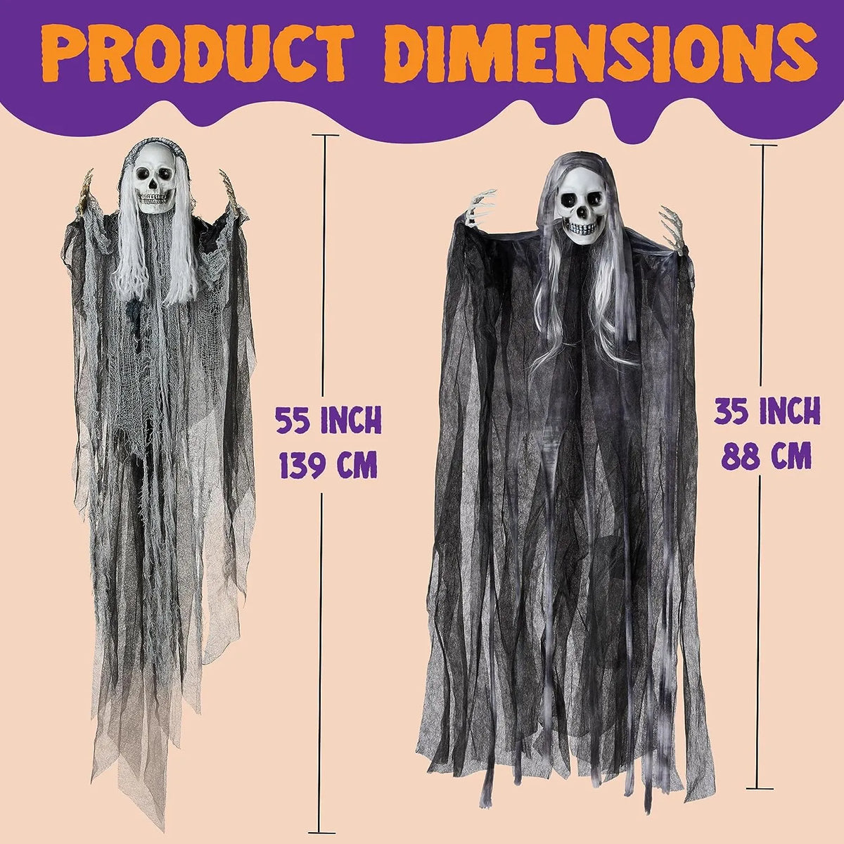 3Pcs Halloween Hanging Grim Reapers, One 55in, Two 35in Skeleton Flying Ghosts – Ventayo