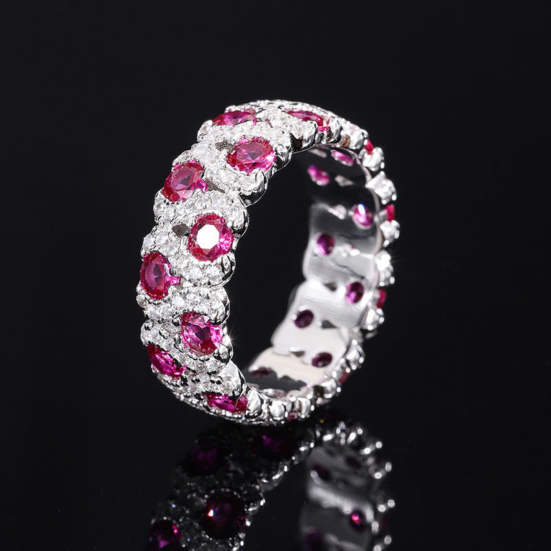 Clytia Love Wedding Band,925 Silver,Inlaid With Imitation Diamonds And Imitation Rubies