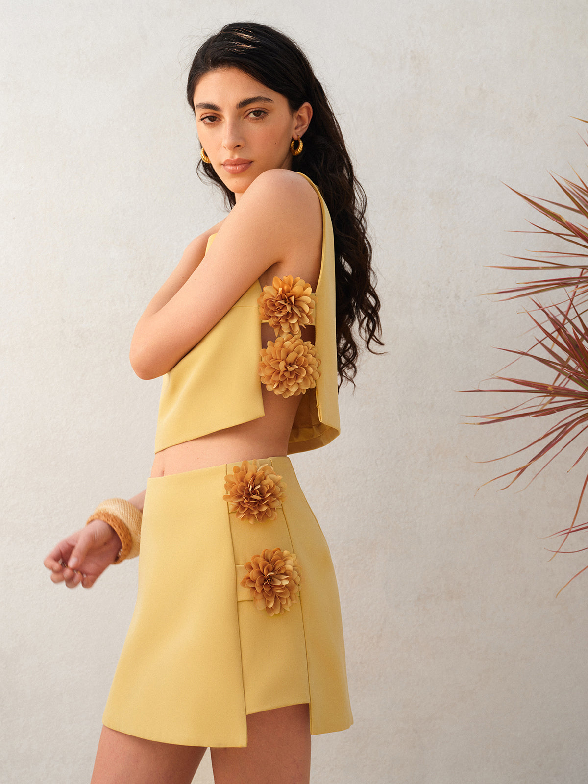 3D Floral Embellished Short Skirt Set