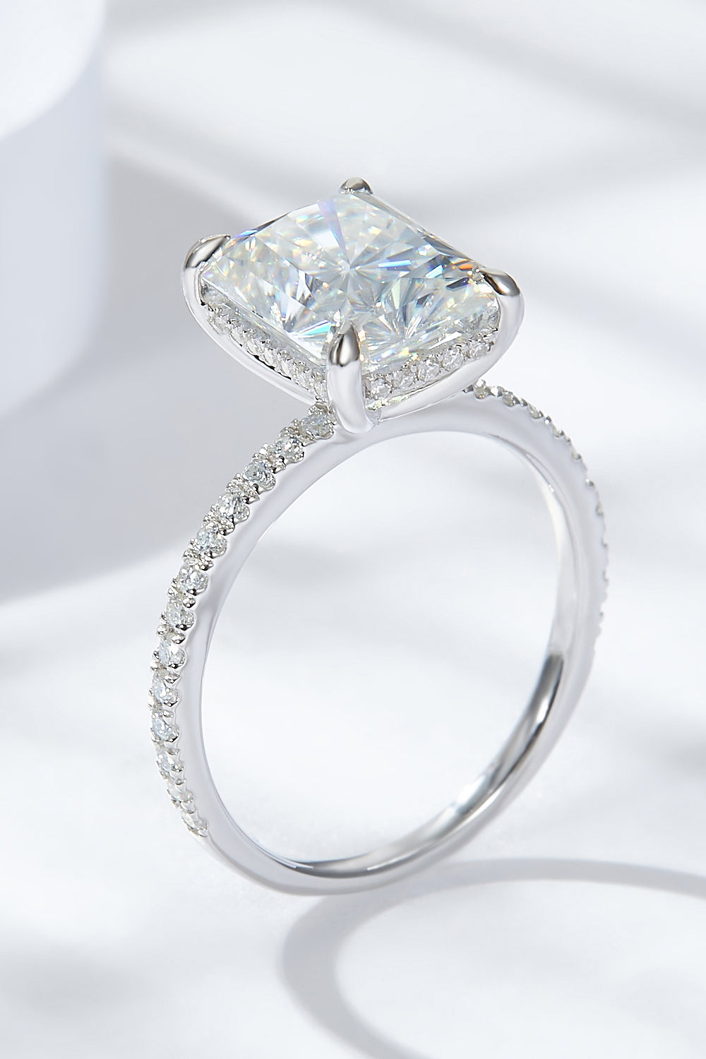 Radiant Whisper 4 Carat Moissanite 4-Prong Side Stone Ring