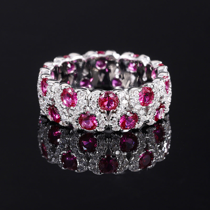 Clytia Love Wedding Band,925 Silver,Inlaid With Imitation Diamonds And Imitation Rubies