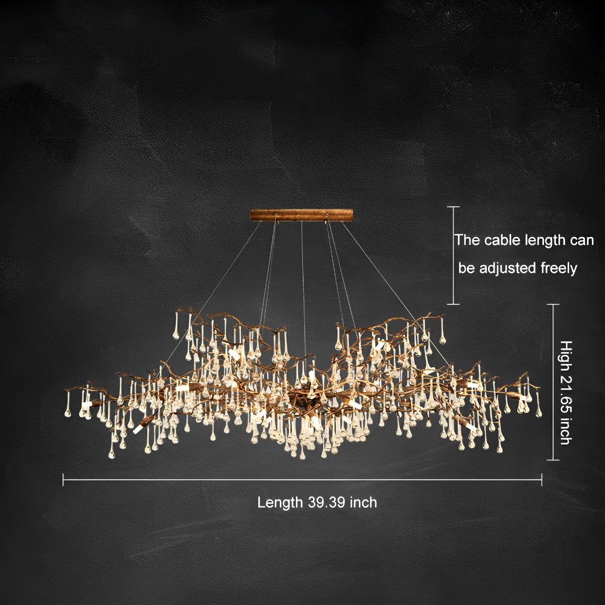 Lustre cascade en forme de goutte d'eau avec branche d'arbre en or moderne de luxe