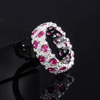 Clytia Love Wedding Band,925 Silver,Inlaid With Imitation Diamonds And Imitation Rubies