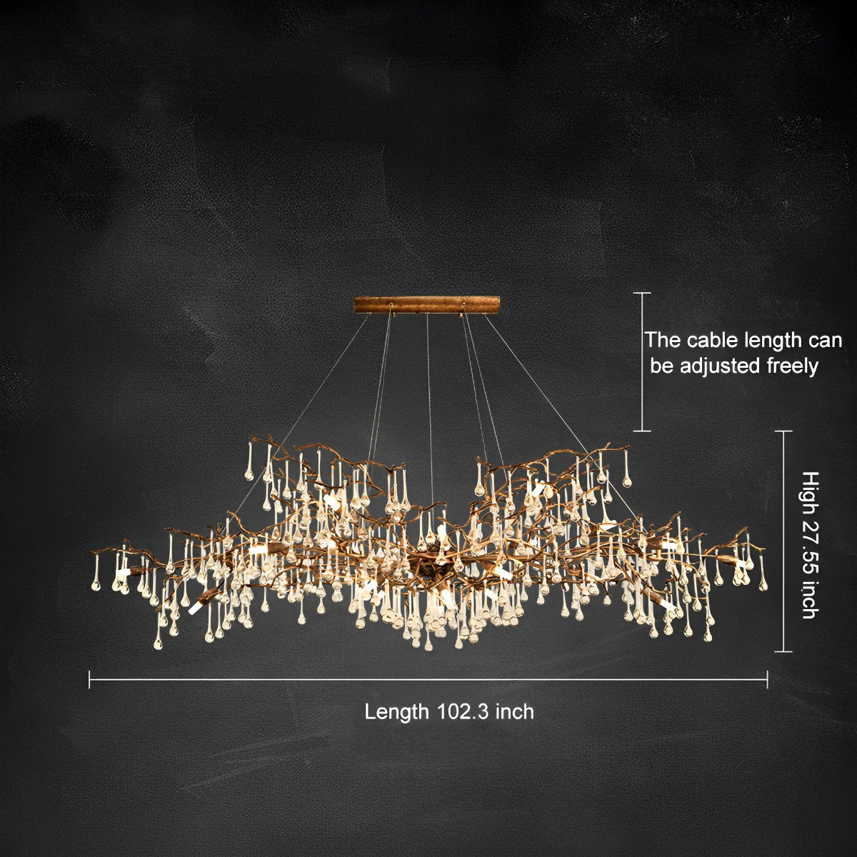 Lustre cascade en forme de goutte d'eau avec branche d'arbre en or moderne de luxe
