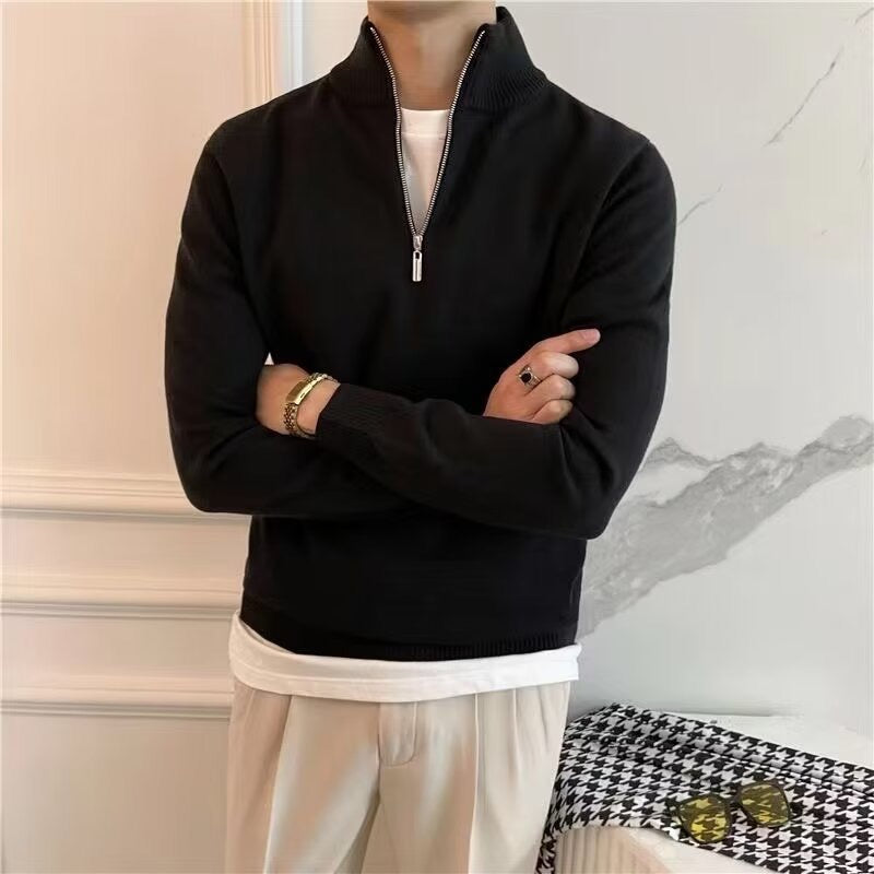 ANSEONG Men’s Fine Quarter Zip Sweater – 100% Cotton with High Neck Collar