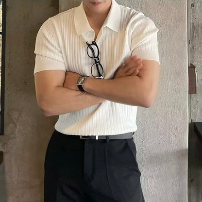 CHUNCHEON Casual Polo – Men’s Cotton-Blend V-Neck Polo Shirt with Ribbed Texture