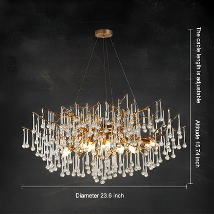Lustre cascade en forme de goutte d'eau avec branche d'arbre en or moderne de luxe