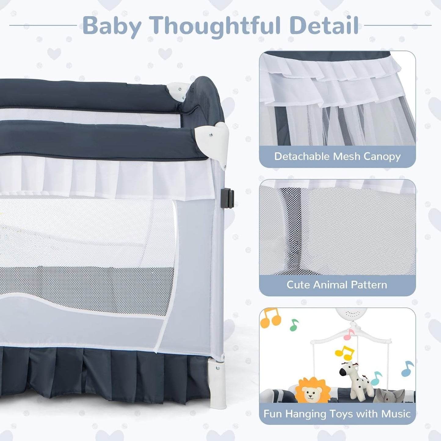 Portable Baby Playard Crib Bassinet Bed W/ Table Canopy Music Box